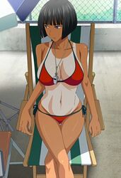 1girls bangs bikini black_hair blue_eyes bokura_no_sex breasts cleavage dark-skinned_female dark_skin female female_only kagari_(bokura_no_sex) large_breasts lifeguard navel pool_chair queen_bee_(animation_studio) screenshot short_hair sitting solo tan tanlines thigh_gap whistle