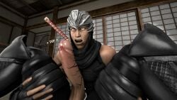3d 3d_(artwork) abs big_arms big_dick big_pecs big_penis caught caught_in_the_act dasalove dead_or_alive dickout dojo green_eyes muscular muscular_male ninja ninja_gaiden open_mouth render ryu_hayabusa sfm source_filmmaker surprised surprised_expression team_ninja thick_penis