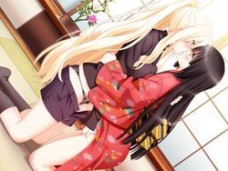 2girls blonde_hair blush female fingering japanese_clothes kimono kirishima_shizuku long_hair multiple_girls red_eyes shitogi_elis shitogi_eris sono_hanabira_ni_kuchizuke_wo yuri