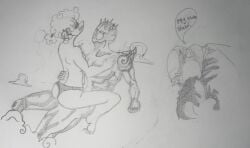 1girl2boys 2boys 2boys1girl bottomwear cloud cloud_creature cloud_humanoid clouds crossover crossover_pairing crossover_ship crossover_shipping darkner deltarune deltarune_chapter_3 dialogue dialogue_bubble drawn eastern_and_western_character elnina_(deltarune) fluffy_hair hair hand_behind_back hand_behind_head hat horns imminent_sex jojo's_bizarre_adventure jojo_reference monochrome muscular muscular_arms muscular_legs muscular_male muscular_thighs petite petite_female shaded_eyes shaded_face simple_background simple_shading sitting sitting_down spikes stand_(jjba) stand_(jojo) stone_ocean thong topless topless_female traditional_drawing_(artwork) traditional_media traditional_media_(artwork) weather_report weather_report_(stand)