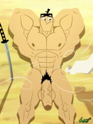 1boy above_view alternate_version_available asian_male huge_cock lying_on_back male_only muscles muscular muscular_male no_sex pecs pectorals pubic_hair samurai_jack samurai_jack_(character) veiny_penis vispaking wind