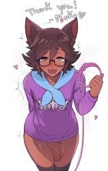1boy :3 animal_collar animal_ear_fluff animal_ears arm_up blush brown_hair collar cowboy_shot dark-skinned_male dark_skin glasses heart highres holding holding_collar looking_at_viewer male_focus mokotoko9 oerba_yun_fang orange_eyes original otoko_no_ko penis pink_collar print_sweater purple_sweater semi-rimless_eyewear short_hair simple_background smile solo solo_male sweater testicles thank_you thighs trembling white_background wide_hips
