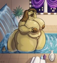 2022 alligator alligatorid anthro areola bath belly big_breasts breasts container crocodilian digital_media_(artwork) female genitals green_body green_scales hand_on_breast hi_res huge_breasts huge_thighs multicolored_body multicolored_scales navel neon_lizard nipples non-mammal_breasts obese obese_anthro obese_female overweight overweight_anthro overweight_female pussy reptile rinsing scales scalie solo thick_thighs two_tone_body two_tone_scales vulva water yassira_(xxsparcoxx)