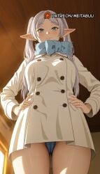 blue_panties blue_scarf blush breasts buttons cameltoe closed_mouth coat cowboy_shot drop_earrings earrings elf female frieren frieren_beyond_journey's_end from_below green_eyes grey_hair hands_on_own_hips indoors jewelry long_hair long_sleeves looking_at_viewer meitabuu panties pantyshot parted_bangs pointy_ears scarf smile solo sousou_no_frieren standing thighs twintails underwear white_coat white_hair winter_coat