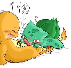 artist_request blush bulbasaur charmander color cum cumshot fellatio fire gay interspecies licking male male_only multiple_males nintendo no_humans nude open_mouth oral oral_sex orgasm penis pokémon_(species) pokemon pokemon_rgby red_eyes saliva sex tail tail_fire tongue white_background yaoi