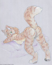 anthro anus ass_up breasts curiodraco feline female fur furry green_eyes nipples plain_background presenting pussy raised_tail seductive sofa solo