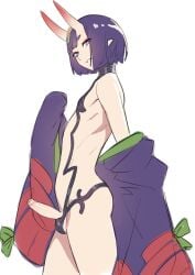 1boy bare_shoulders black_fundoshi bob_cut cowboy_shot erection eyeliner fate/grand_order fate_(series) fundoshi genderswap genderswap_(ftm) headpiece highres horns japanese_clothes kimono looking_at_viewer makeup male male_focus mokotoko9 oni open_clothes open_kimono otoko_no_ko penis purple_eyes purple_hair purple_kimono recursive_genderswap revealing_clothes rule_63 short_eyebrows short_hair shuten_douji_(fate) simple_background skin-covered_horns smile solo white_background youkai