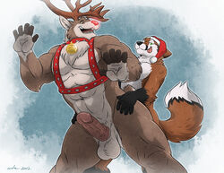 abs anal anal_sex anthro balls bell biceps canine chest_tuft christmas felixthefox fox furry gay green_eyes hat holidays male muscles no_humans pecs penetration penis reindeer reins rudolph rudolph_the_red-nosed_reindeer size_difference size_play wfa