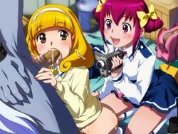 1boy blonde_hair blush bow brown_eyes camera censored clothing cum cum_in_mouth cum_on_hair fellatio fur furry hair_ornament happy hoshizora_miyuki human interspecies kneeling lupine multiple_girls open_mouth oral oral_sex penis pink_eyes pink_hair precure pretty_cure sameha_ikuya school_uniform short_hair skirt small_breasts smile_precure socks straight threesome werewolf wolf wolfrun yayoi_kise