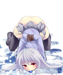 ahoge arms_behind_back ass ball_gag black_legwear blush bondage bottomless bound_wrists box_tie drooling female gag gagged highres kneeling long_hair maullarmaullar miniskirt orange_juice_(company) red_eyes rope saliva silver_hair simple_background skirt solo suguri_(character) suguri_(series) thighhighs tied_up top-down_bottom-up trembling white_hair