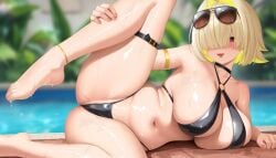 :3 :d artist_request ass ass_visible_through_thighs choker collar elegg_(nikke) fang goddess_of_victory:_nikke hair_over_one_eye huge_breasts leg_lift navel on_side poolside reclining swimming_pool swimsuit thick_thighs wide_hips
