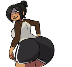 alternate_version_available big_breasts black_hair bubble_butt fat_ass gongaga hand_on_hip oc oddtenn ophelia_(oddten) shorts sideboob sweating tan_skin