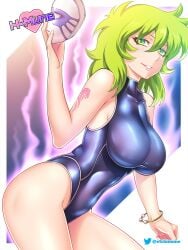 1girls ass big_breasts bracelet etchimune female green_eyes green_hair light_skin looking_at_viewer mask ophiuchus_shaina parted_lips saint_seiya side_view silver_saints smile solo swimsuit swimwear tattoo