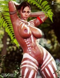 1girls 3d african african_female armband arms_up armwear big_breasts brown_eyes brown_hair capcom casual dark-skinned_female dark_skin female female_only human jewelry milapone necklace ponytail resident_evil resident_evil_5 sheva_alomar slim solo thick_thighs tied_hair tight_pussy tribal tribal_jewelry tribal_markings tribal_paint