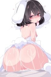 after_sex animal_ears anus ass ass_focus black_hair blush breasts bridal_veil brown_eyes bukkake commentary condom condom_in_mouth cum cum_on_ass cum_on_back cum_on_body cum_on_hair dated_commentary dress facial female floppy_ears from_behind highres inaba_tewi kukuchi581 looking_at_viewer looking_back mouth_hold nipples no_panties open_mouth pussy rabbit_ears rabbit_girl rabbit_tail simple_background small_breasts solo strapless strapless_dress tail touhou uncensored used_condom veil wedding_dress white_background