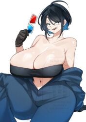 3d_glasses ahoge alternate_breast_size bare_shoulders black_hair breasts cleavage female gloves highres holding holding_removed_eyewear indie_virtual_youtuber jumpsuit kataochi_chuuko large_breasts lemochan_man navel smile undressing unworn_eyewear virtual_youtuber