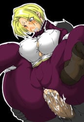 anal bared_teeth blonde_hair blue_eyes blush bottomwear bowtie breasts bursting_breasts clothed_sex clothing cum cum_in_ass cum_in_pussy cum_inside erect_nipples female formal handwear huge_breasts human ippatute-kinta king_(snk) king_of_fighters male no_bra no_shoes open_clothes open_jacket overflow painal pant_suit pantyhose penis sash sex shirt short_hair straight suit tear topwear tuxedo upright_straddle