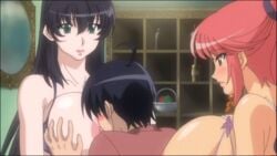 1boy 2girls animated approximated_aspect_ratio black_hair blue_hair blush bra breast_grab breast_squeeze breast_sucking breasts green_eyes huge_breasts kaya_blanche large_breasts long_hair male morino_yuuko multiple_girls nipples red_hair short_hair tan tanned tentacle_and_witches underwear