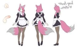 1boy androgynous animal_ear_fluff animal_ears apron black_pantyhose closed_mouth dress frilled_dress frills full_body green_eyes hair_over_one_eye hair_over_shoulder highres long_hair low-tied_long_hair maid maid_apron maid_headdress male_focus mary_janes mokotoko9 original otoko_no_ko pantyhose penis pink_fur reference_sheet shoes side_ponytail solo standing tail thank_you wolf_boy wolf_ears wolf_tail