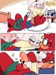 1boy 1boy1girl 1girl 1girls big_breasts blush clothed clothing gadget_the_wolf glasses handjob lanolin_the_sheep musical_note quavernsfw sega sheep_girl sonic_(series) sonic_the_hedgehog_(idw) sonic_the_hedgehog_(series)