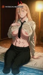 abs alternate_breast_size areola_slip black_necktie black_pants blonde_hair blush breasts chainsaw_man collared_shirt covered_nipples cross-shaped_pupils demon_horns female hair_between_eyes horns indoors lamp large_breasts long_hair long_sleeves looking_at_viewer meitabuu muscular muscular_female navel necktie nipples no_bra obliquespower_(chainsaw_man) pants parted_lips pool power_(chainsaw_man) red_horns sharp_teeth shirt shirt_lift sitting soaking_feet solo symbol-shaped_pupils teeth water wet wet_clothes wet_shirt white_shirt yellow_eyes
