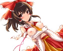 bare_shoulders blush bow breasts brown_hair crying cum cum_on_body cum_on_breasts cum_on_clothes cum_on_upper_body detached_sleeves facial female female_only hair_tubes hairbow highres human long_hair looking_at_viewer navel nipples red_eyes reimu_hakurei shirt_lift simple_background skirt solo tear top_lift touhou white_background yoshimo