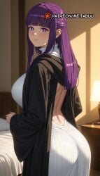 ass back backless_dress backless_outfit bare_back bed bedroom black_coat black_robe blunt_bangs blush breasts closed_mouth coat desk_lampfern_(sousou_no_frieren) dress female fern_(sousou_no_frieren) frieren_beyond_journey's_end frilled_collar frills from_behind indoors lamp large_breasts long_dress long_hair long_sleeves looking_at_viewer looking_back median_furrow meitabuu on_bed open_clothes open_coat patreon_username purple_eyes purple_hair robe sidelocks smile solo sousou_no_frieren straight_hair white_dress