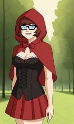ai_generated ass bigmic145 breasts capelet cartoon_network cleavage corset cosplay female hood red_hair red_riding_hood red_riding_hood_(cosplay) scooby-doo scooby-doo!_mystery_incorporated skirt tease teasing velma_dinkley velma_dinkley_(mystery_incorporated)