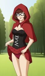 ai_generated ass bigmic145 breasts capelet cartoon_network cleavage corset cosplay female hood panties red_hair red_riding_hood red_riding_hood_(cosplay) scooby-doo scooby-doo!_mystery_incorporated skirt tease teasing velma_dinkley velma_dinkley_(mystery_incorporated)
