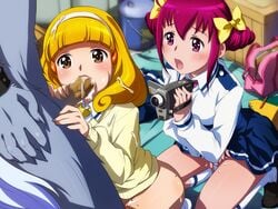 1boy 2girls blush bow censored clothed_masturbation clothing cum fellatio fur furry hoshizora_miyuki human interspecies lupine masturbation oral oral_sex penis pretty_cure sameha_ikuya skirt small_breasts smile_precure straight threesome wolf wolfrun yayoi_kise