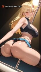 2.5_jigen_no_ririsa arm_up armpits ass bare_shoulders black_panties black_shirt black_thighhighs blonde_hair blue_skirt blush breasts cleavage cleavage_cutout closed_mouth clothing_cutout crop_top dancing female from_behind gyaru hair_between_eyes hair_ornament highleg highleg_panties large_breasts long_hair looking_at_viewer looking_back meitabuu microskirt miniskirt orange_eyes panties pleated_skirt pole pole_dancing shirt skirt sleeveless sleeveless_shirt smile solo split spotlight spread_legs star_(symbol) star_hair_ornament stripper_pole stripperkisaki_aria sweat thighhighs thighs thong twisted_torso underwear