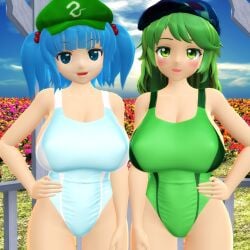 2025 2girls 3d beret blue_eyes_female blue_hair_female clavicle cleavage clouds duo_female flowers garden green_eyes_female green_hair_female hand_on_waist hat hati_yukkuri_mmd headwear hips jpeg kappa looking_at_viewer mmd nitori_kawashiro open_mouth outside short_hair sky swimsuit takane_yamashiro tied_hair touhou waist yamawaro youkai
