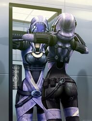 1girls alien alien_girl alternate_version_available ass bodysuit curvy female female_only fully_clothed ghostfire hood mask mass_effect mass_effect_2 mirror png posing quarian reflection skin_tight solo standing tali'zorah_nar_rayya