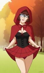 ai_generated ass bigmic145 breasts capelet cartoon_network cleavage corset cosplay female hood panties red_hair red_riding_hood red_riding_hood_(cosplay) scooby-doo scooby-doo!_mystery_incorporated skirt tease teasing velma_dinkley velma_dinkley_(mystery_incorporated)