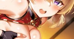 armpit_crease bare_shoulders bilingual_commentary black_gloves blonde_hair blush breasts breasts_out commentary_request cropped english_commentary female fingernails gloves implied_paizuri indoors large_breasts looking_at_viewer mixed-language_commentary open_mouth purple_eyes short_hair solo sweat sweety_(zenless_zone_zero) takashia_(akimototakashia) teeth upper_teeth_only zenless_zone_zero