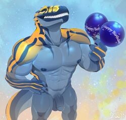 abs anthro balloon balls big_muscles big_pecs blue_body blue_scales carcharodontosaurid dinosaur flaccid genitals giganotosaurus grey_body grey_scales grin hand_on_hip happy_birthday hi_res humanoid_genitalia humanoid_penis inflatable male multicolored_body multicolored_scales muscular muscular_anthro muscular_male nipples non-mammal_nipples pecs penis prehistoric_species reptile scales scalie sepiaflux sharp_teeth smile solo teeth theropod yellow_body yellow_scales