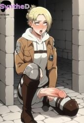 1futa ahe_gao ai_generated annie_leonhardt annie_leonhart artist_name artist_signature attack_on_titan blonde_hair blush boots brown_jacket cropped_jacket erection futa_sans_pussy futanari half-erect hi_res high_resolution highres hood hood_down hoodie intersex on_one_knee open_mouth pants paradis_military_uniform patreon penis penis_out saliva shingeki_no_kyojin short_hair solo squatting synthed tongue tongue_out uncensored uniform veins veiny_penis white_hoodie white_pants