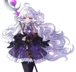 breasts female grey_hair holding holding_staff mabinogi official_art pantyhose rowan_(mabinogi) sleeveless small_breasts staff