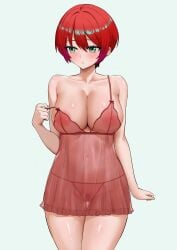 1girls absurdres alternate_breast_size amate_yuzuriha areola_slip babydoll bare_shoulders breasts cleavage covered_navel erorange female female_only female_pubic_hair green_eyes gundam gundam_gquuuuuux highres large_breasts nipples orange_hair panties pubic_hair see-through_clothes see-through_panties shiny_skin short_hair solo strap_slip thighs underwear
