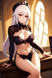 ai_generated breasts christianity cleavage female large_breasts lipstick loincloth long_hair looking_at_viewer pale_skin pelvic_line pink_lipstick red_eyes religion religious_clothing smiling sunlight white_hair