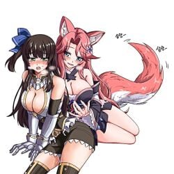 2girls after_fingering animal_ears behind_another blue_eyes blush bow brown_hair ceri_(sakura_dungeon) commission commissioner_upload cottonswab336 embarrassed female fingering fox_ears fox_tail green_eyes hairbow japanese_clothes kimono multiple_girls non-web_source pink_hair pussy_juice sakura_dungeon sweat tail yomi_(sakura_dungeon) yuri