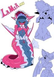 absurdres black_sclera blue_hair breasts breasts_out colored_sclera digimon digimon_(creature) hat highres horns lamia lamiamon long_hair monster_girl naga open_mouth papyruth pussy ribbon tongue tongue_out yellow_eyes