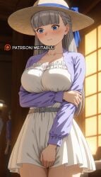 2boys arm_under_breasts belt blue_eyes blunt_bangs blush braid breasts cleavage closed_mouth collarbone dress dress_tug embarrassed female frieren_beyond_journey's_end frilled_dress grey_beltlawine_(sousou_no_frieren) grey_hair hat indoors large_breasts long_hair long_sleeves looking_down meitabuu multiple_boys purple_jacket ribbon solo_focus sousou_no_frieren straw_hat sun_hat thighs white_dress window