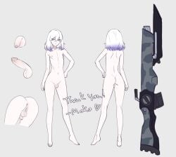 1other anus bayonet black_pantyhose erection flaccid from_behind futanari gradient_hair grey_background gun highres male_focus medium_hair mokotoko9 multicolored_hair nipples nude original pale_skin pantyhose penis purple_eyes pussy rifle simple_background small_penis testicles thank_you uncircumcised weapon white_hair