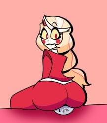 1girls anon anonymous_male ass blonde_hair charlie_morningstar_(hazbin_hotel) demon demon_girl facesitting facesitting_through_clothes female hazbin_hotel head_on_ass looking_back male marioishere1 marioishere7 red_clothing red_eyes red_pants smile