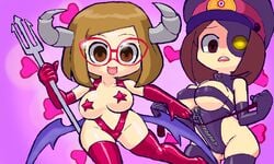 character_request clothing cosplay dominatrix glasses horn multiple_girls nikki_(swapnote) nintendo short_hair swapnote whip