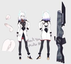 1other anus back_cutout balls bayonet black_pantyhose clothing_cutout erection flaccid from_behind futanari gradient_hair grey_background gun highres intersex male male_focus medium_hair mokotoko9 multicolored_hair original pale_skin pantyhose penis purple_eyes pussy rifle simple_background testicles thank_you weapon