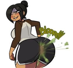 alternate_version_available big_breasts black_hair bubble_butt fart fart_cloud fart_fetish farting fat_ass gongaga hand_on_hip oc oddtenn ophelia_(oddten) shorts sideboob sweating tan_skin