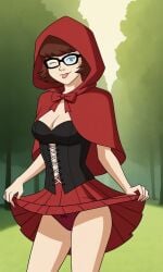 ai_generated ass bigmic145 breasts capelet cartoon_network cleavage corset cosplay female hood panties red_hair red_riding_hood red_riding_hood_(cosplay) scooby-doo scooby-doo!_mystery_incorporated skirt tease teasing velma_dinkley velma_dinkley_(mystery_incorporated)