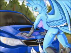 2012 anus anyare avian bird blue_feathers breasts car female looking_back nude outside pussy pussy_juice sideboob solo wings